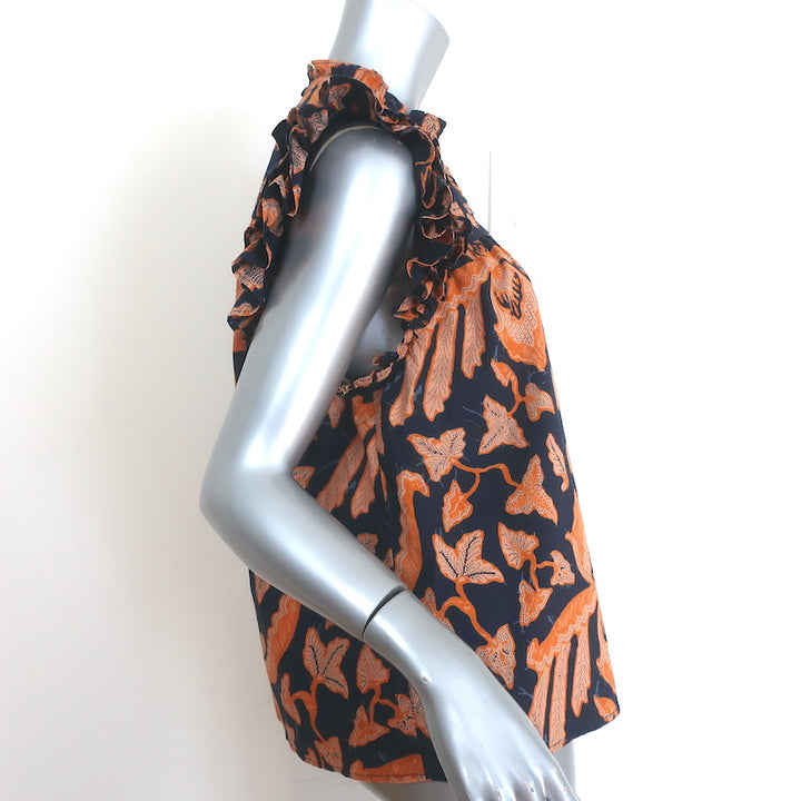 Ulla Johnson Eva Ruffle Top Navy/Orange Printed Cotton Size 8 Sleeveless Blouse