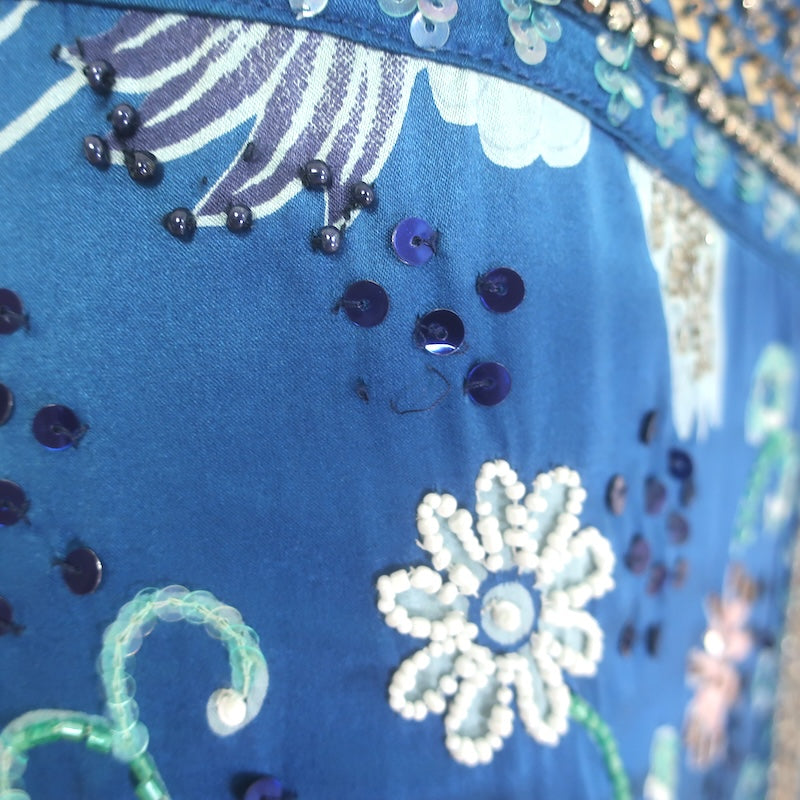 Calypso St. Barth Beaded Maxi Skirt Blue Floral Swan Print Silk Size Medium