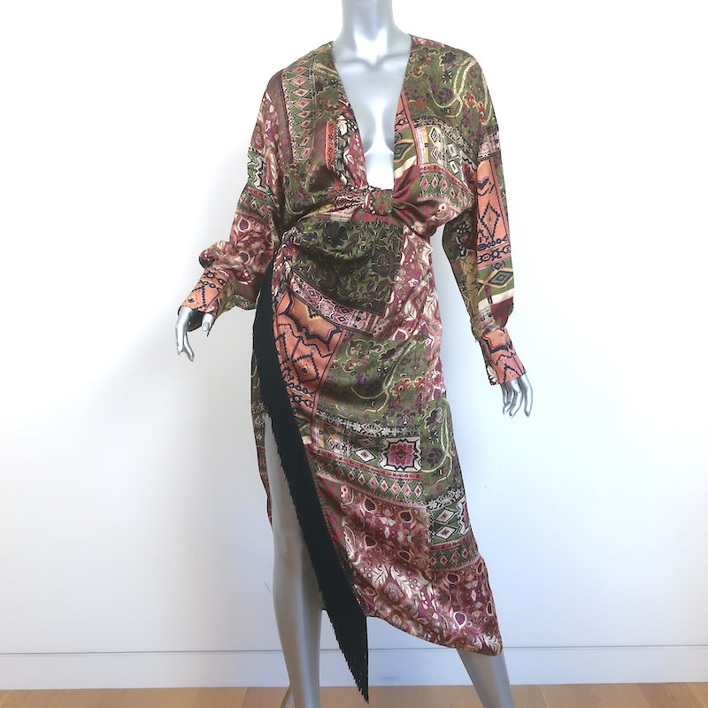 Zara Fringed Plunge Midi Dress Multicolor Printed Satin Size Small Celebrity Owned Zara Fringed Plunge Midi Dress Multicolor Printed Satin Size Small Celebrity Owned