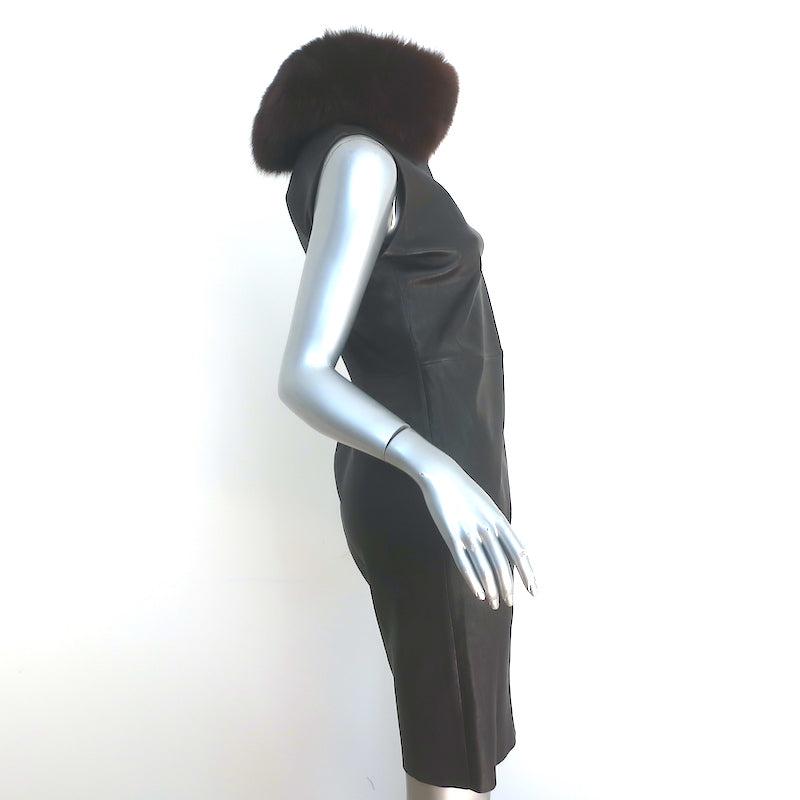 Prada Leather Sheath Dress with Removable Fur Collar Dark Brown Size 44