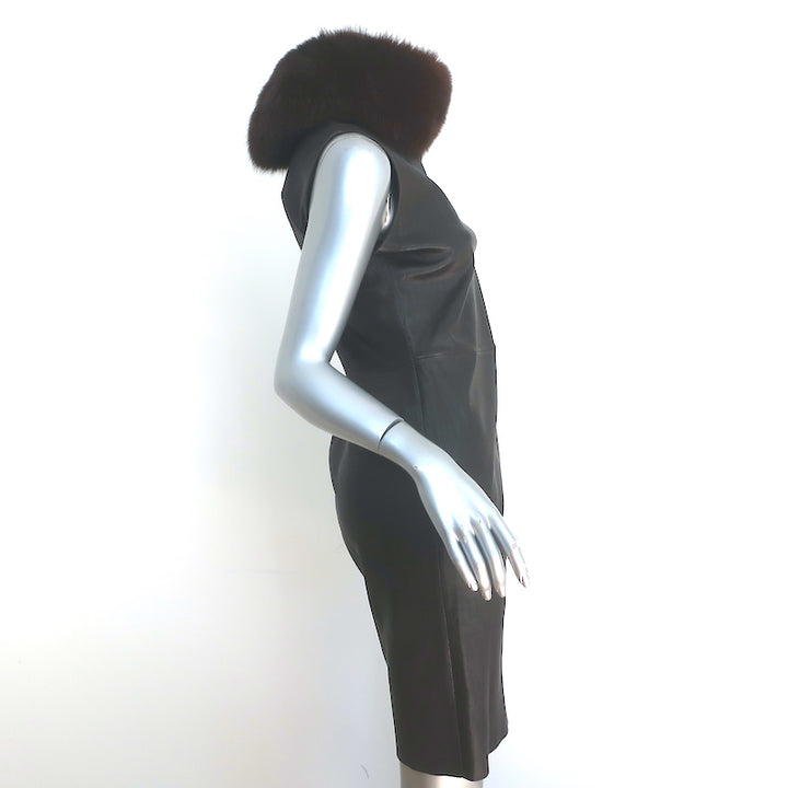 Prada Leather Sheath Dress with Removable Fur Collar Dark Brown Size 44