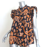 Ulla Johnson Eva Ruffle Top Navy/Orange Printed Cotton Size 8 Sleeveless Blouse