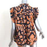 Ulla Johnson Eva Ruffle Top Navy/Orange Printed Cotton Size 8 Sleeveless Blouse