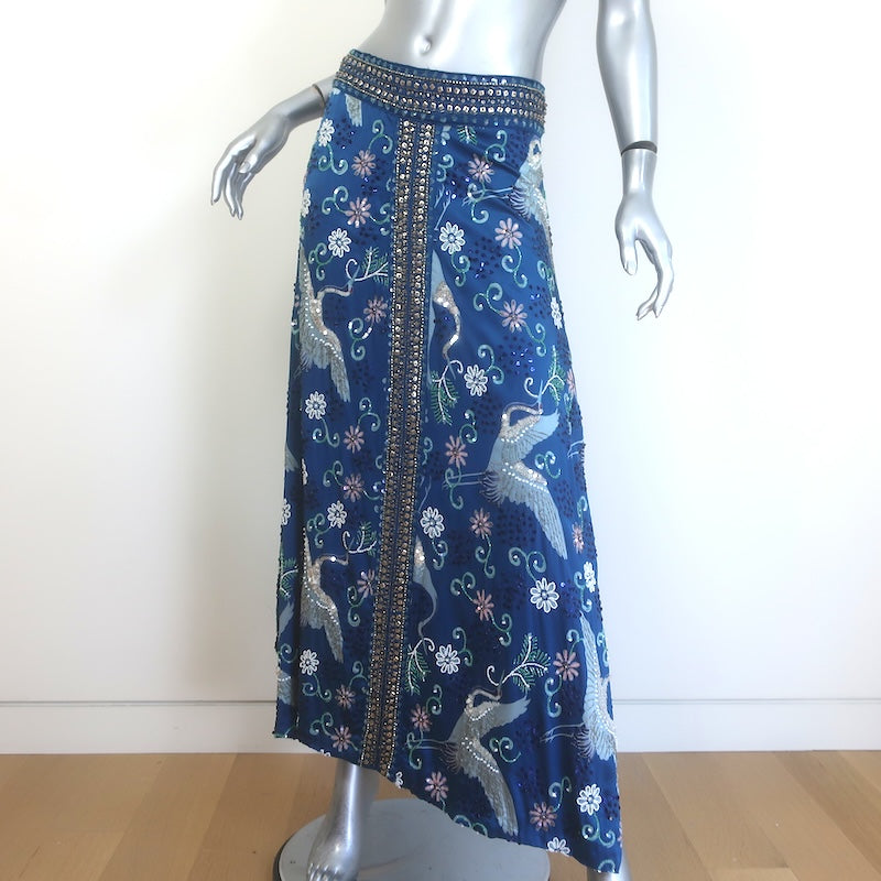 Calypso St. Barth Beaded Maxi Skirt Blue Floral Swan Print Silk Size Medium