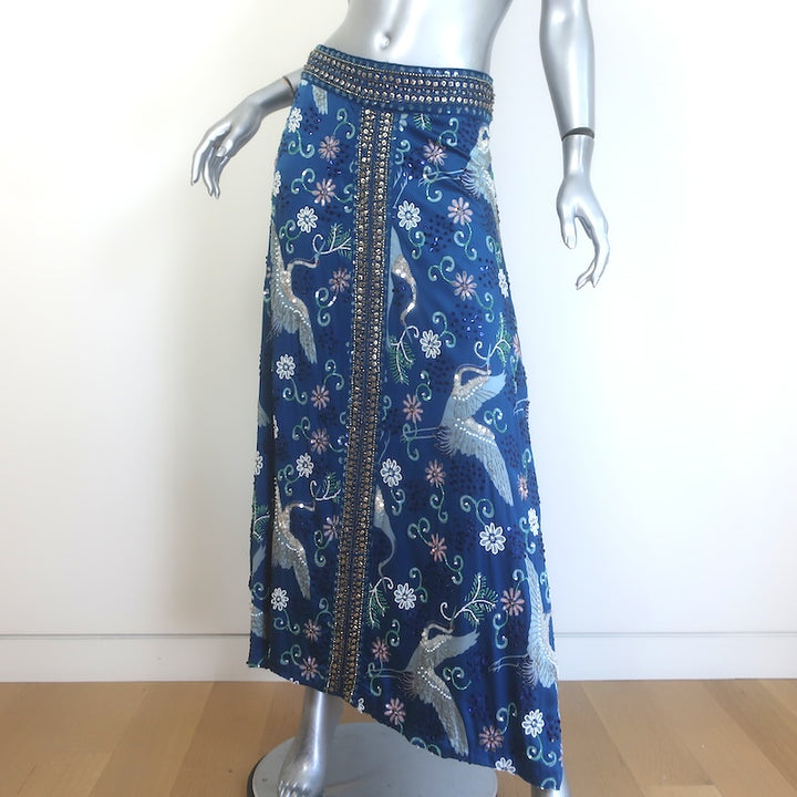 Calypso St. Barth Beaded Maxi Skirt Blue Floral Swan Print Silk Size Medium