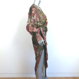 Zara Fringed Plunge Midi Dress Multicolor Printed Satin Size Small