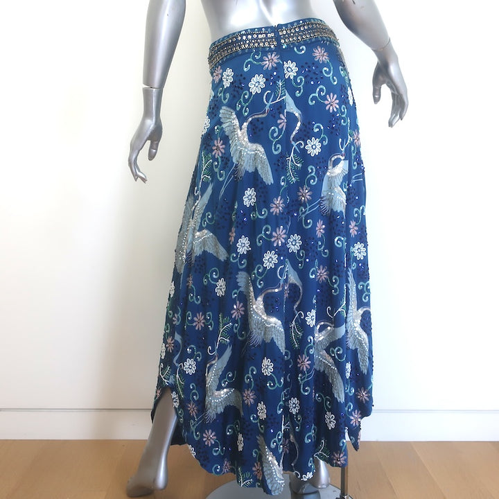 Calypso St. Barth Beaded Maxi Skirt Blue Floral Swan Print Silk Size Medium