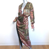 Zara Fringed Plunge Midi Dress Multicolor Printed Satin Size Small