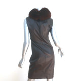 Prada Leather Sheath Dress with Removable Fur Collar Dark Brown Size 44