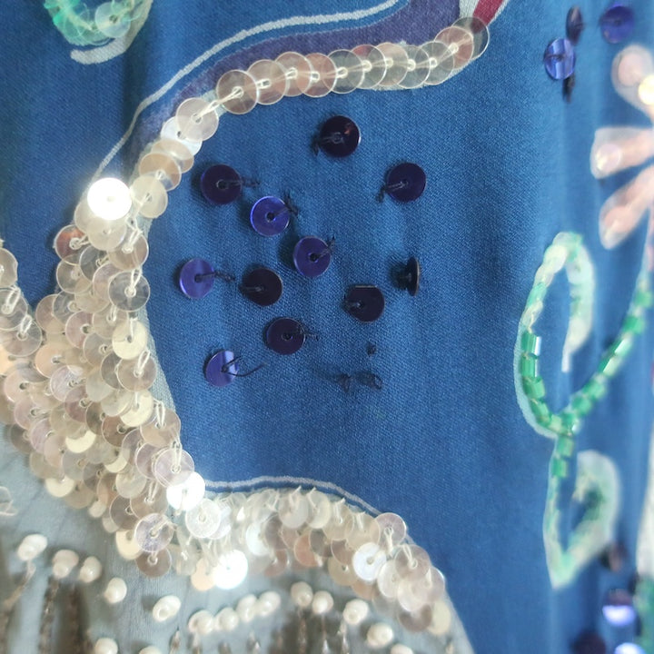 Calypso St. Barth Beaded Maxi Skirt Blue Floral Swan Print Silk Size Medium