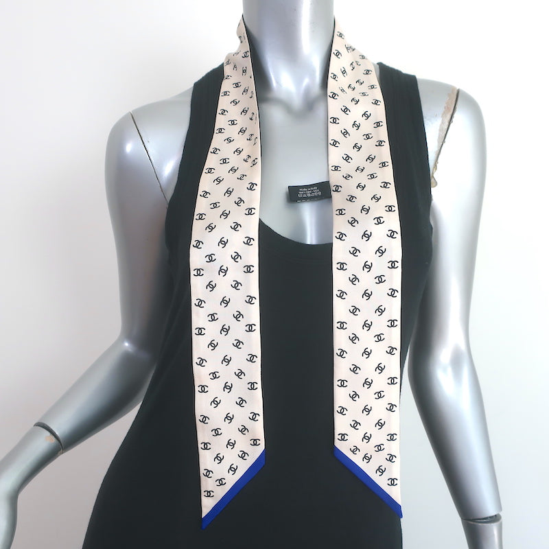 Chanel CC Pearl Print Silk Twilly Bandeau Scarf Black/Cream NEW