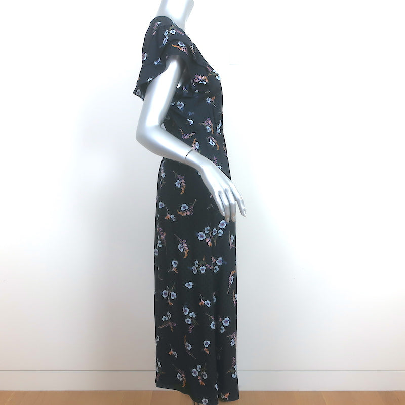 Rebecca Taylor Natalie Flutter Sleeve Midi Dress Navy Floral Print Silk Size 2
