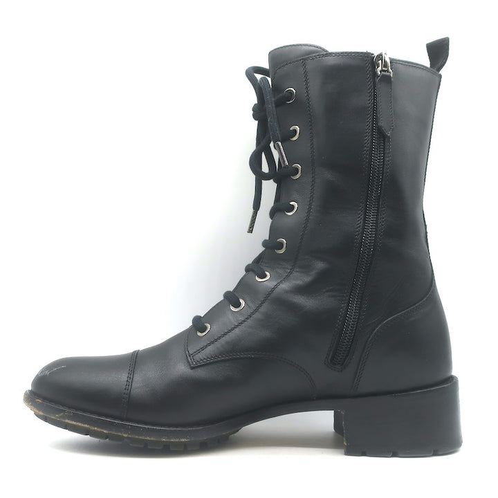 Valentino Floral Applique Combat Boots Black Leather Size 39.5