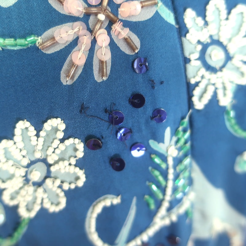 Calypso St. Barth Beaded Maxi Skirt Blue Floral Swan Print Silk Size Medium