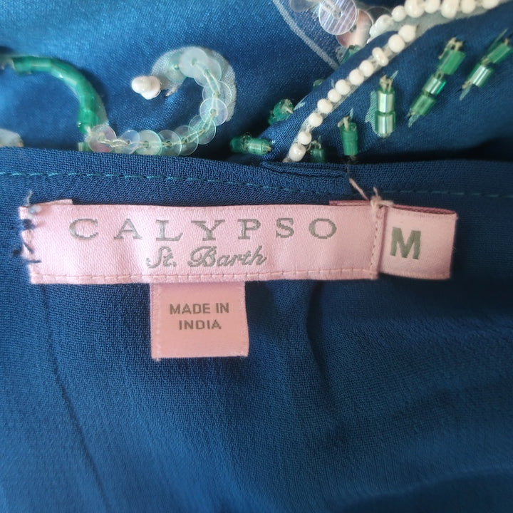 Calypso St. Barth Beaded Maxi Skirt Blue Floral Swan Print Silk Size Medium