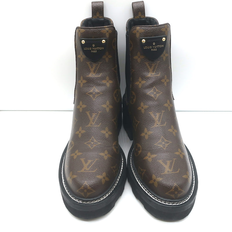 Louis Vuitton LV Beaubourg Ankle Boots Brown Monogram Canvas Size 38