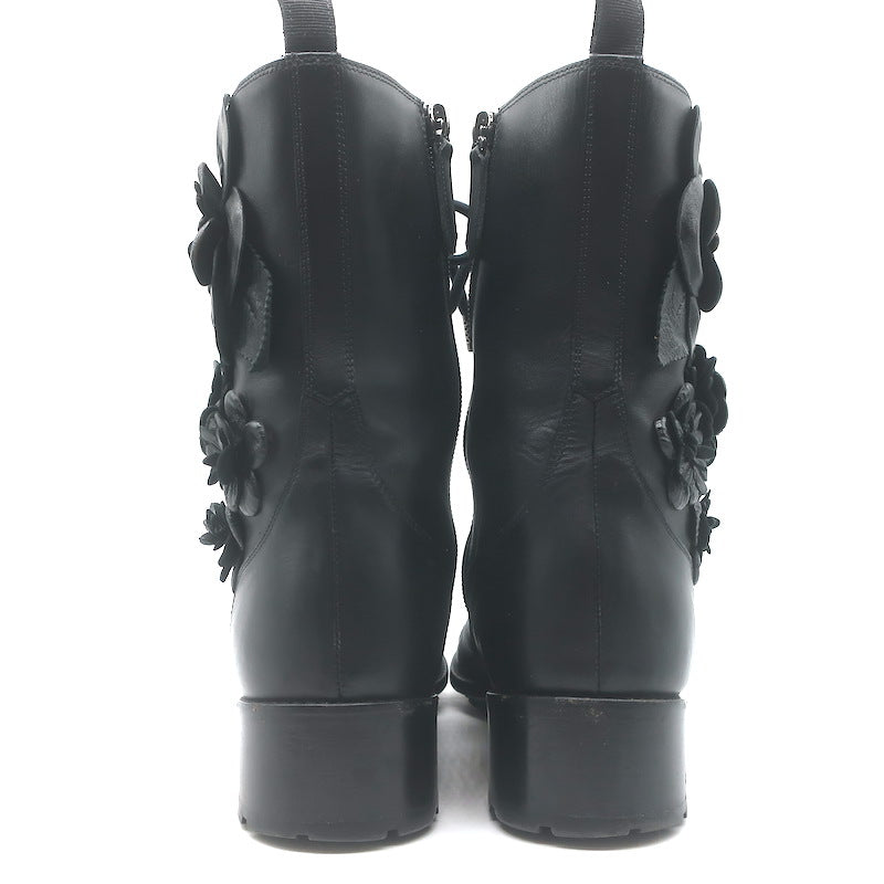 Valentino Floral Applique Combat Boots Black Leather Size 39.5