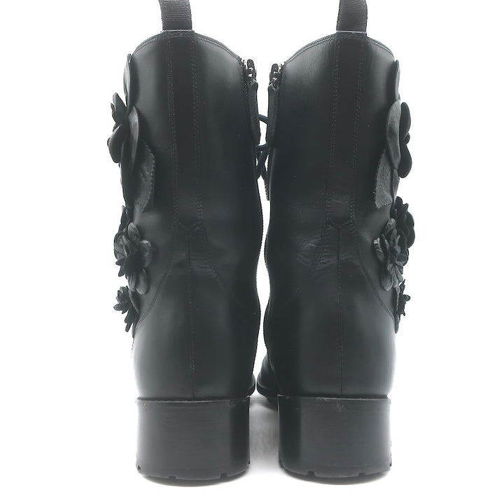 Valentino Floral Applique Combat Boots Black Leather Size 39.5