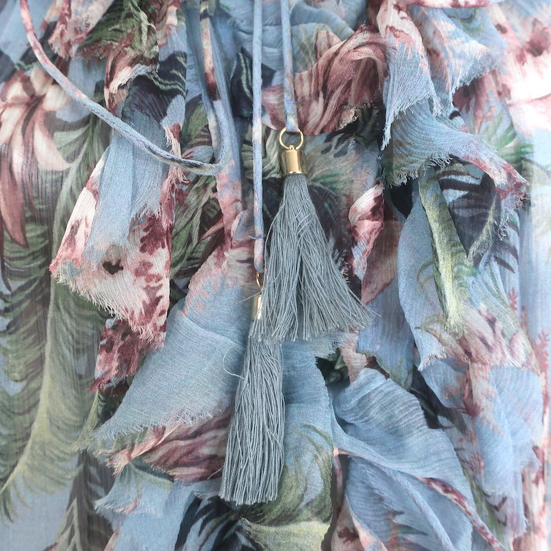 Zimmermann Winsome Ruffle Top Blue Floral Print Silk Size 1 Sleeveless Blouse