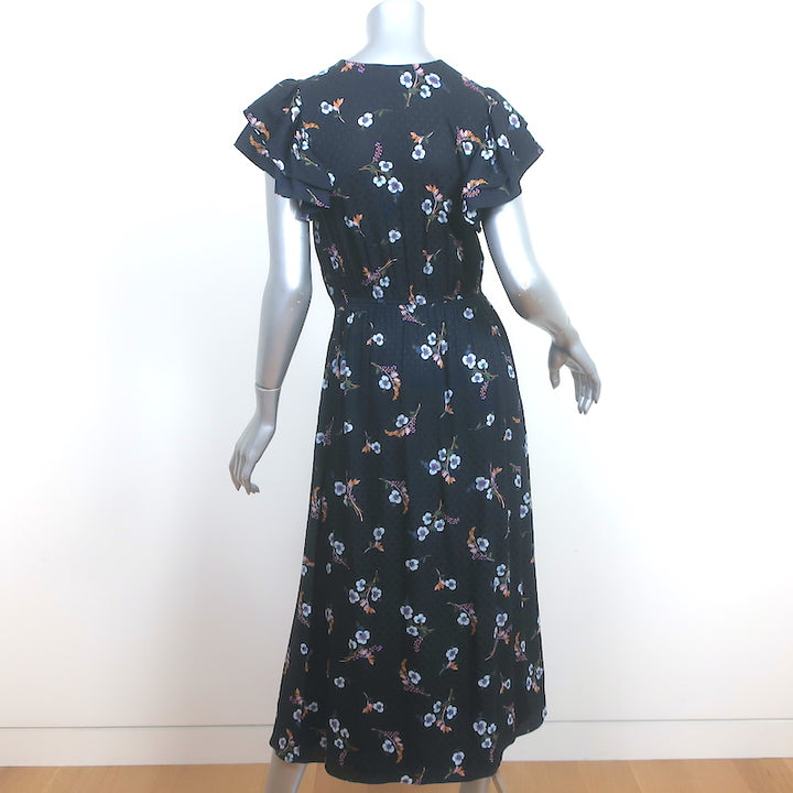 Rebecca Taylor Natalie Flutter Sleeve Midi Dress Navy Floral Print Silk Size 2