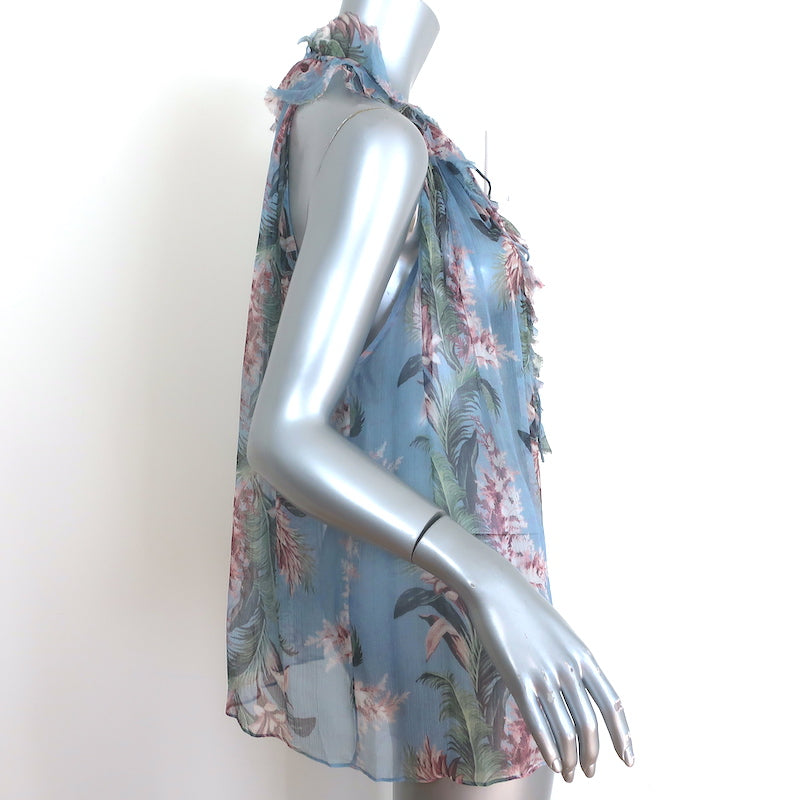 Zimmermann Winsome Ruffle Top Blue Floral Print Silk Size 1 Sleeveless Blouse