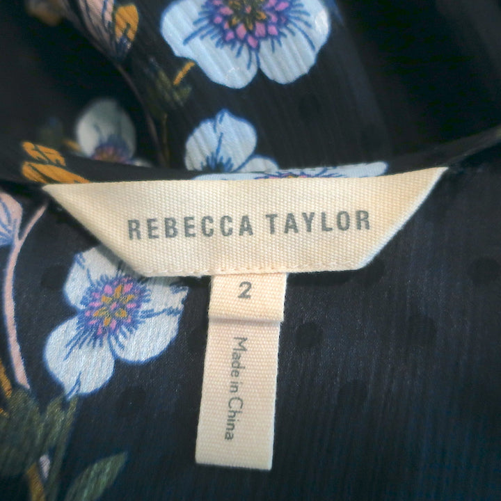Rebecca Taylor Natalie Flutter Sleeve Midi Dress Navy Floral Print Silk Size 2