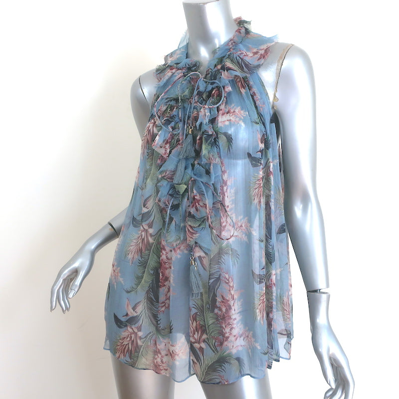 Zimmermann Winsome Ruffle Top Blue Floral Print Silk Size 1 Sleeveless Blouse
