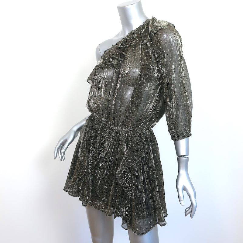 IRO One-Shoulder Ruffled Romper Payham Black/Gold Lurex Size 36 NEW