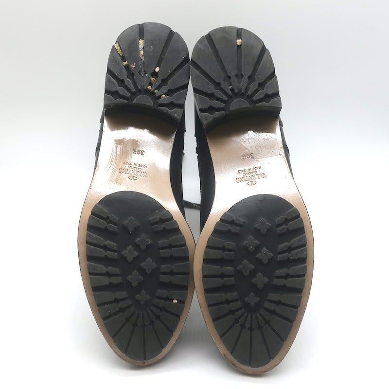Valentino Floral Applique Combat Boots Black Leather Size 39.5