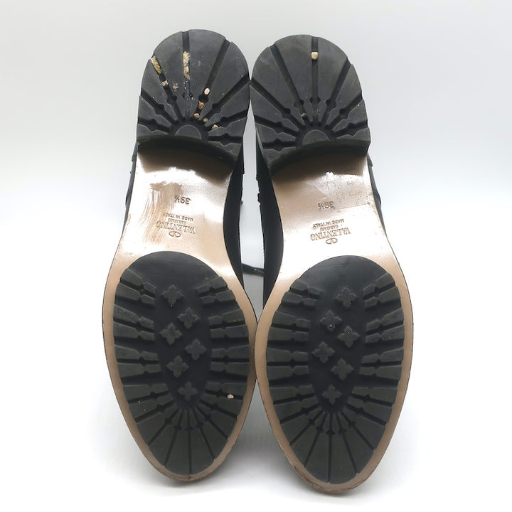 Valentino Floral Applique Combat Boots Black Leather Size 39.5