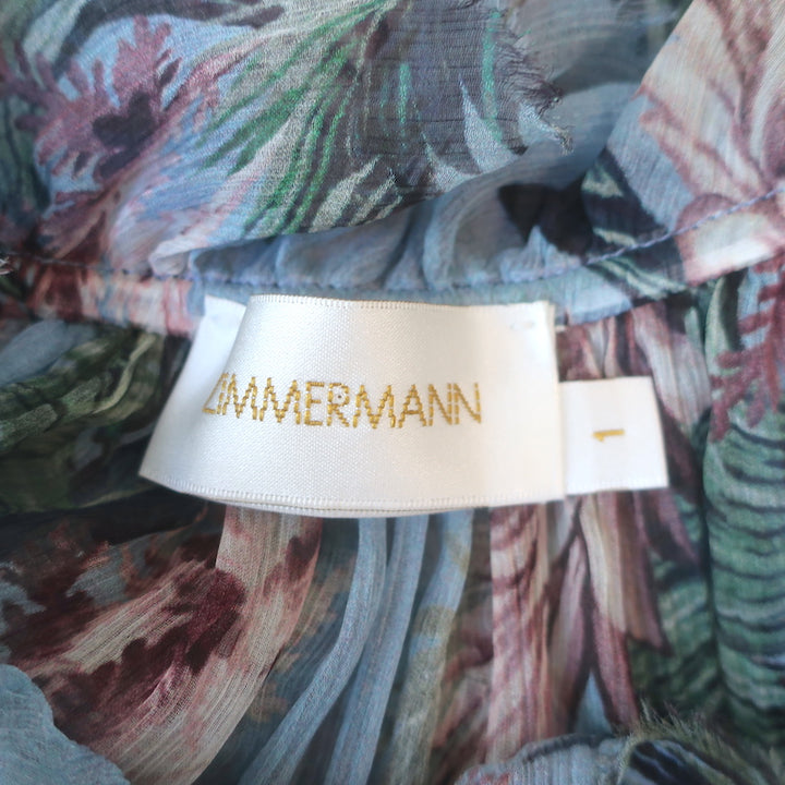Zimmermann Winsome Ruffle Top Blue Floral Print Silk Size 1 Sleeveless Blouse