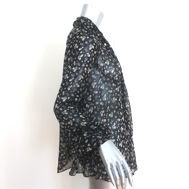 Alexander McQueen Draped-Front Blouse Black Floral Print Silk Chiffon Size 38