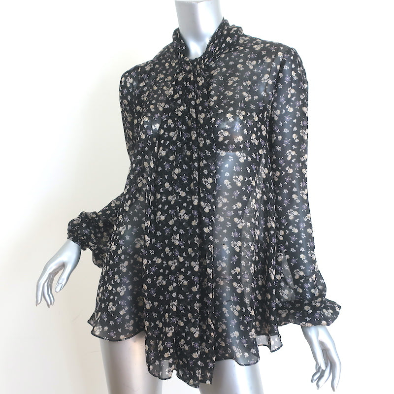 Alexander McQueen Draped-Front Blouse Black Floral Print Silk Chiffon Size 38