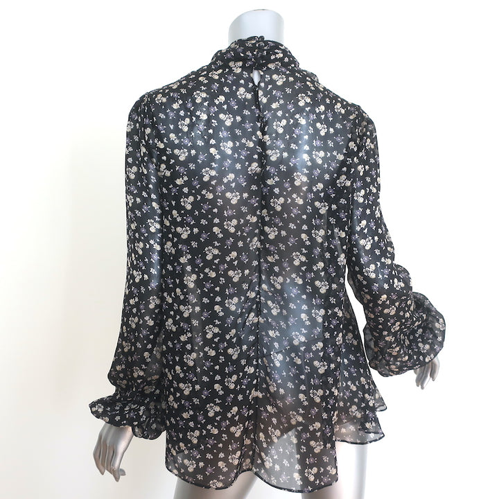 Alexander McQueen Draped-Front Blouse Black Floral Print Silk Chiffon Size 38