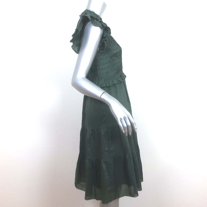 SEA Smocked Tiered Mini Dress Dark Green Ramie Size 4