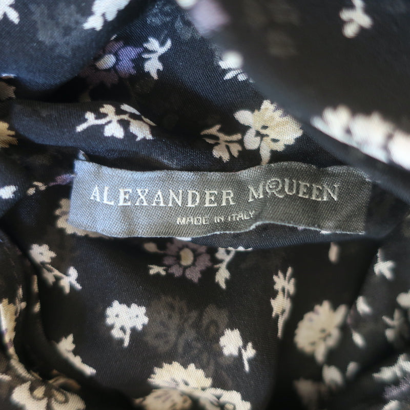 Alexander McQueen Draped-Front Blouse Black Floral Print Silk Chiffon Size 38