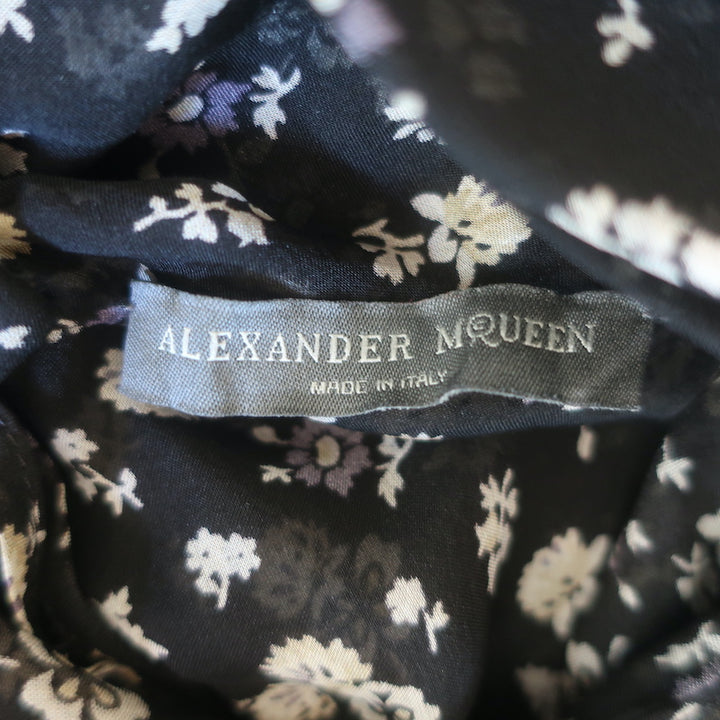 Alexander McQueen Draped-Front Blouse Black Floral Print Silk Chiffon Size 38