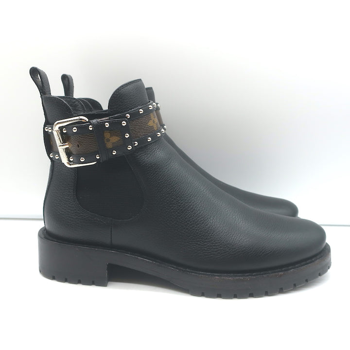 Louis Vuitton Discovery Ankle Boots Black Leather &amp; Monogram Canvas Size 37.5