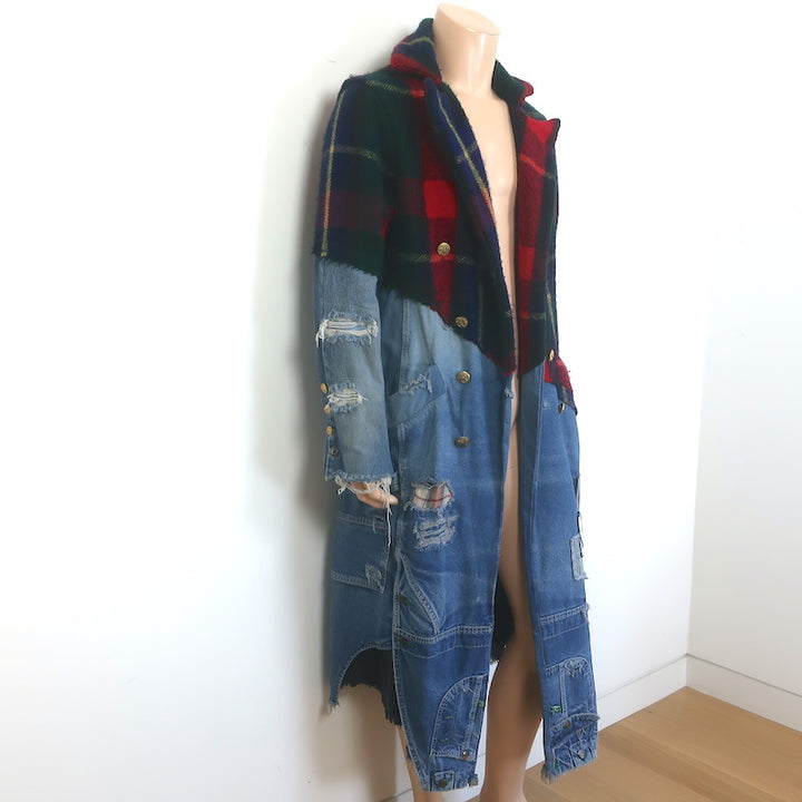Greg Lauren Revolutionary Batman Deconstructed Coat Plaid Wool &amp; Denim Size 3
