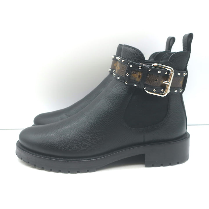 Louis Vuitton Discovery Ankle Boots Black Leather &amp; Monogram Canvas Size 37.5