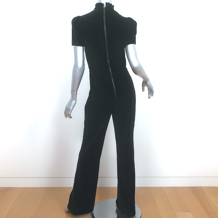Alice + Olivia Jorah Puff Sleeve Jumpsuit Black Stretch Velvet Size 6