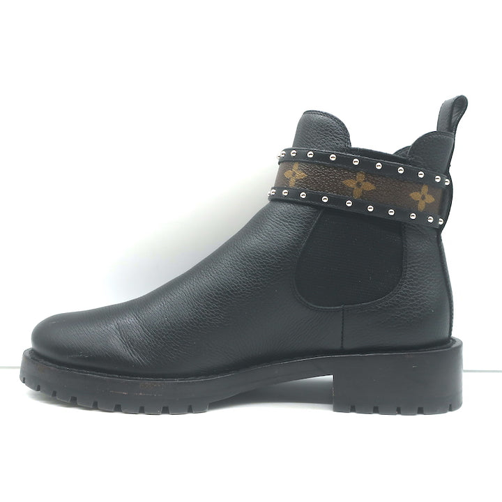 Louis Vuitton Discovery Ankle Boots Black Leather &amp; Monogram Canvas Size 37.5