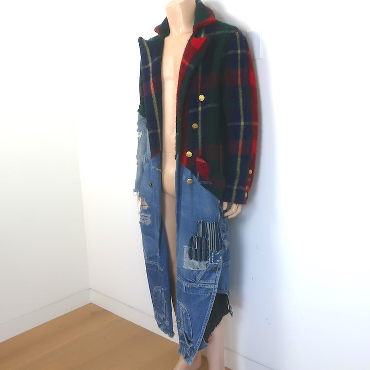 Greg Lauren Revolutionary Batman Deconstructed Coat Plaid Wool &amp; Denim Size 3
