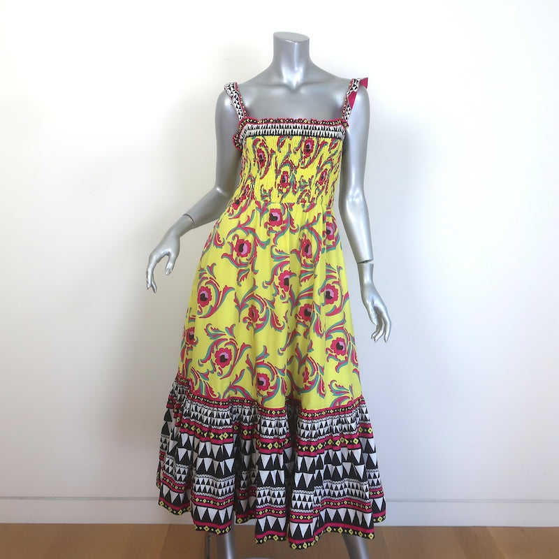 La DoubleJ Smock Midi Dress Yellow Cartwheel Giallo Print Cotton Size Small