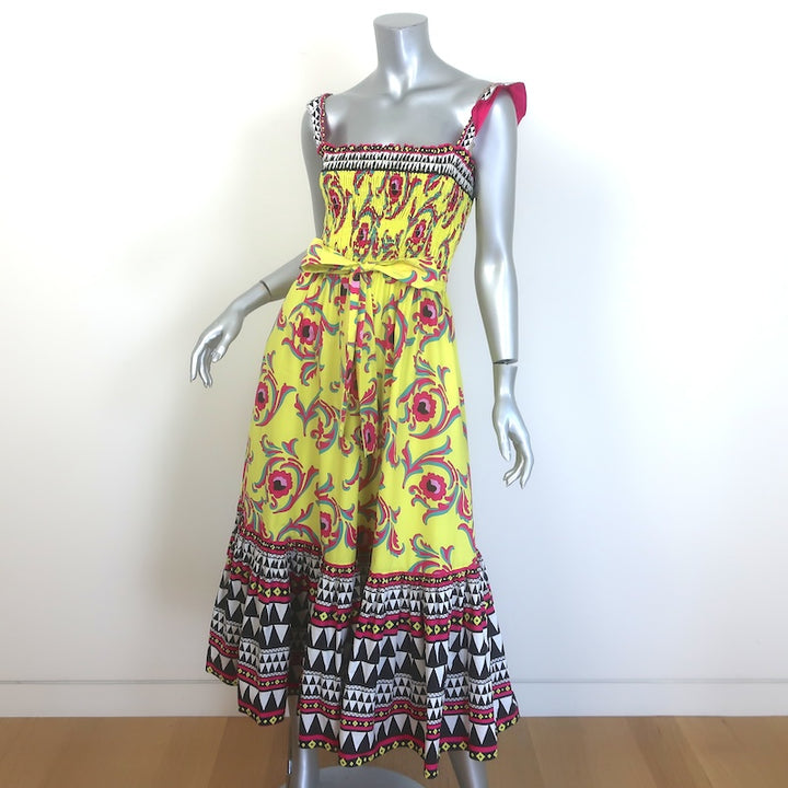 La DoubleJ Smock Midi Dress Yellow Cartwheel Giallo Print Cotton Size Small