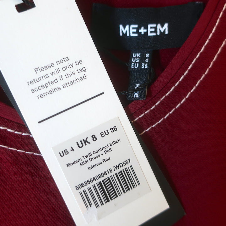 ME+EM Modern Twill Contrast Stitch Midi Dress Intense Red Size US 4 NEW