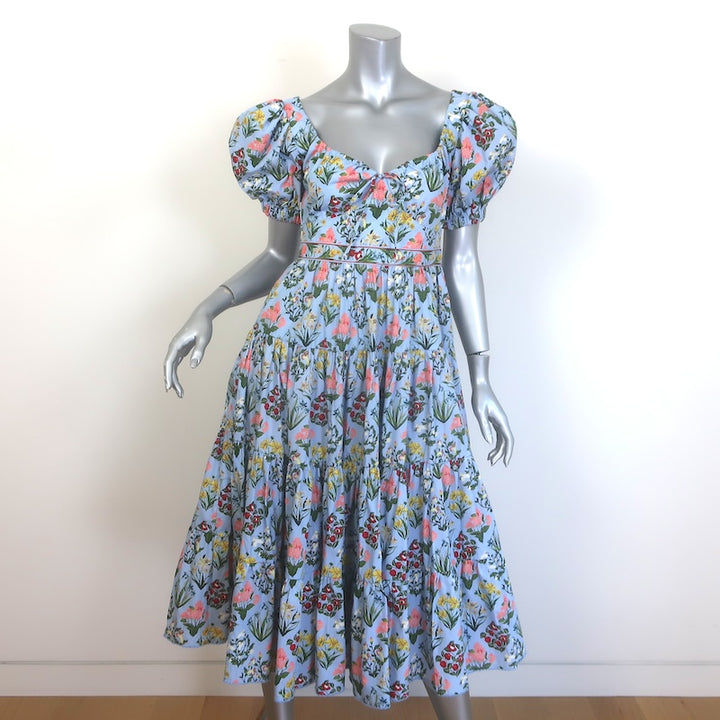 Agua by Agua Bendita Palmera Floral Puff Sleeve Midi Dress Blue Size Small NEW
