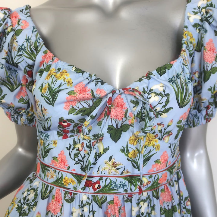 Agua by Agua Bendita Palmera Floral Puff Sleeve Midi Dress Blue Size Small NEW