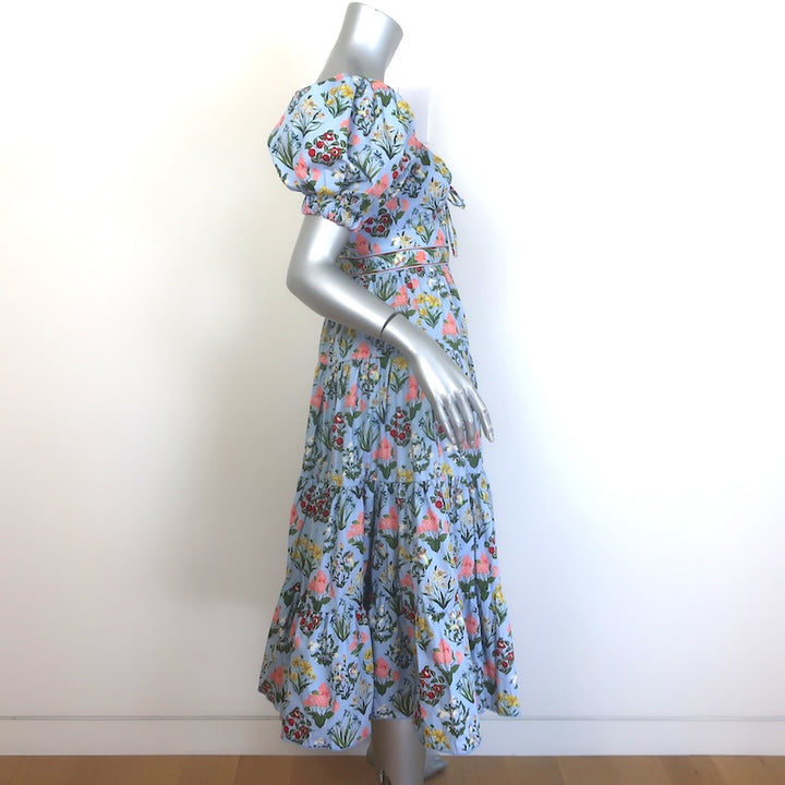 Agua by Agua Bendita Palmera Floral Puff Sleeve Midi Dress Blue Size Small NEW