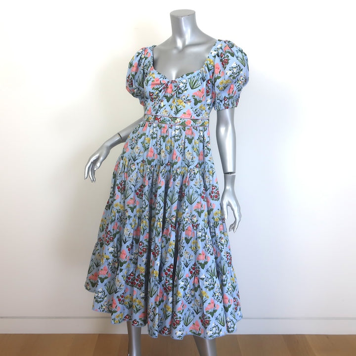 Agua by Agua Bendita Palmera Floral Puff Sleeve Midi Dress Blue Size Small NEW
